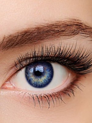 Closeup beautiful blue woman eye with long salon lashes looking